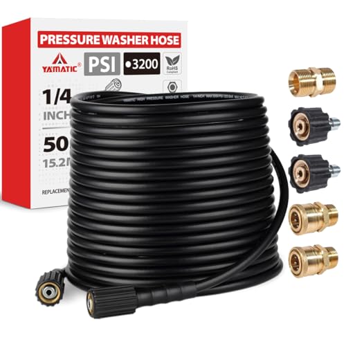 YAMATIC Pressure Washer Hose 50FT 1/4" M22 Kink Resistant Power Washer Hose Replacement for Ryobi, Troy Bilt, Greenworks, CRAFTSMAN Most Brand Power Washer with 3/8" Quick Connect Adapter, 3200 PSI