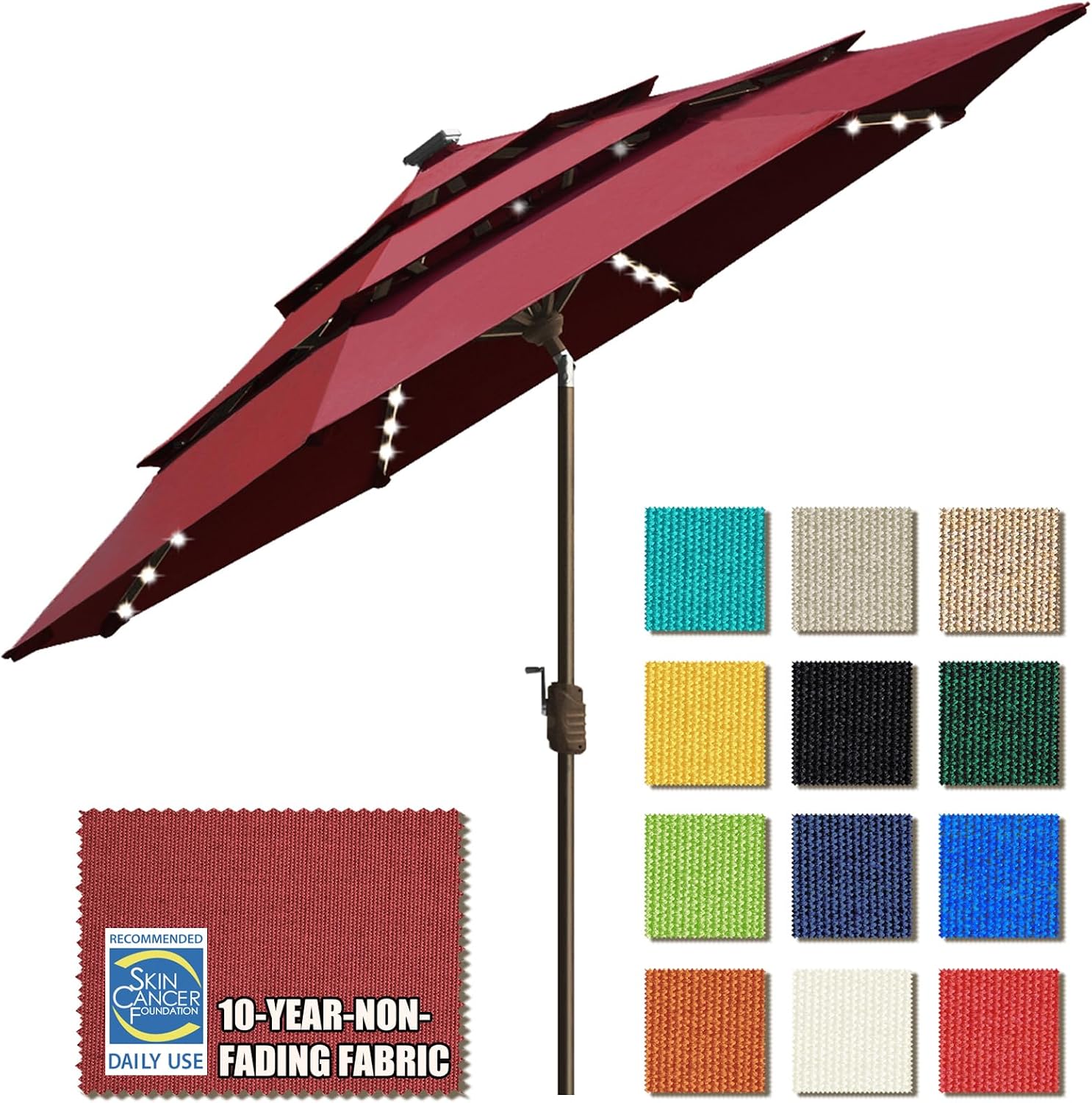 EliteShade USA 10-Year-Non-Fading Solar 9ft 3 Tiers Market Umbrella with 80 LED Lights Patio Umbrellas Outdoor Table with Ventilation,Burgundy