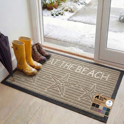 GORILLA GRIP 100% Waterproof All-Season WeatherMax Doormat, 47x35, US Designed Natural Rubber, Stain and Fade Resistant, Low Profile Indoor Outdoor Door Mats, Easy Clean Patio Mat, Sand Beach