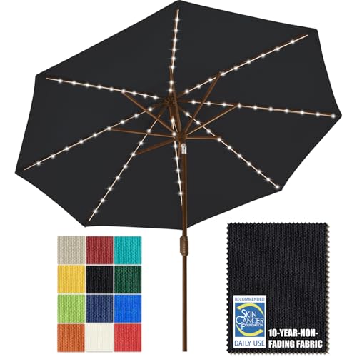 EliteShade USA 10-Year-Non-Fading Solar 9ft Market Umbrella with 80 LED Lights Patio Umbrellas Outdoor Table Umbrella with Ventilation, Black