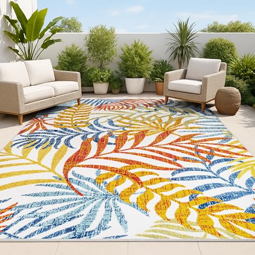 JONATHAN Y AMC100B-9 Tropics Palm Leaves Indoor Outdoor Area-Rug Bohemian Floral Easy-Cleaning High Traffic Bedroom Kitchen Backyard Patio Porch Non Shedding, 9 X 12, Cream/Orange