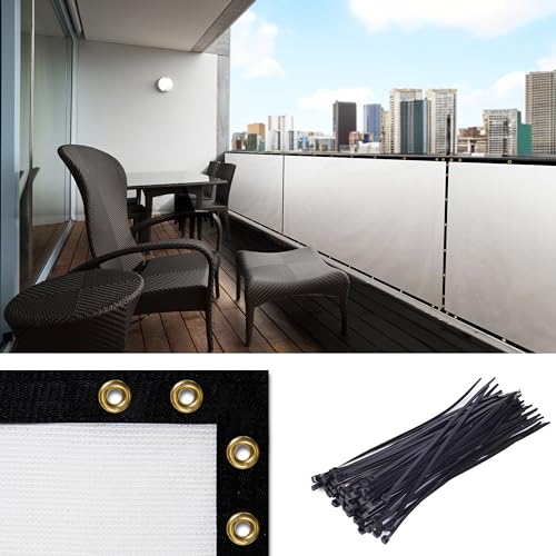 Amgo Custom Made 3' x 90' White Balcony Privacy Screen, Apartment Porch Railing Patio Fence Windscreen Fabric Cloth, Heavy Duty, Commercial and Residential, 90% Blockage (We Customize)