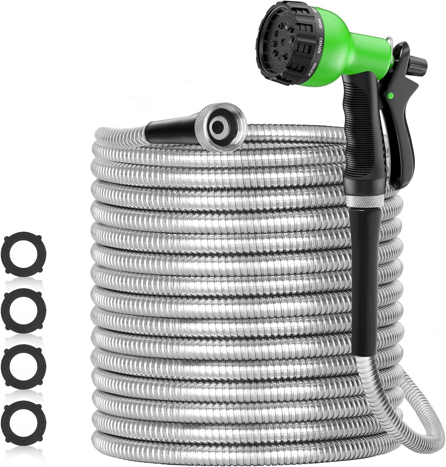 75ft 304 Stainless Steel Garden Hose Metal, Heavy Duty Water Pipe with Nozzles for Yard, Outdoor - Flexible, Never Kink & Tangle, Puncture Resistant (Sliver)