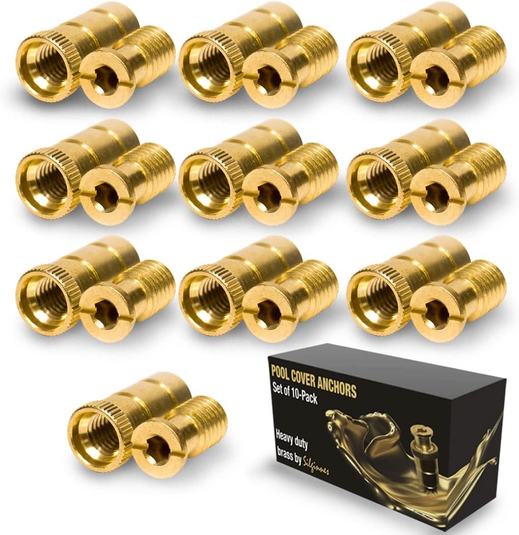 Pool Cover Anchors Concrete and Pavers Deck 10 Pack - Universal Size Fits 3/4" Hole - Best for Pool Safety Cover Installation - Durable Brass Pool Cover Anchors and Head Screw Bolts (10)