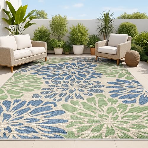 JONATHAN Y Floral Textured Weave Indoor Outdoor Area Rug 9X12 Navy/Green, Zinnia Modern for Backyard, Patio, Porch, Easy-Cleaning, High Traffic, Pet-Friendly, Non-Shedding (SMB110B-9)
