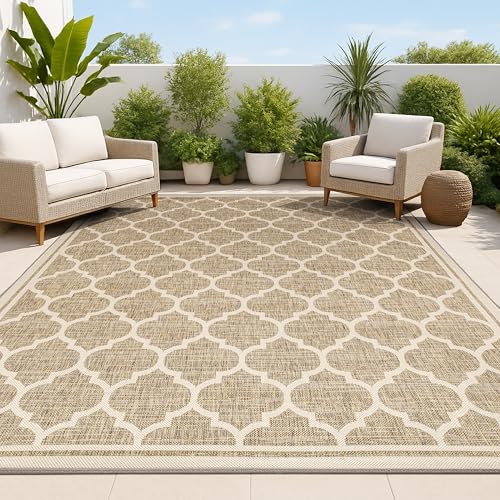 JONATHAN Y Moroccan Trellis Indoor Outdoor Area Rug 9X12 Brown/Beige, Trebol Textured Weave for Backyard, Patio, Porch, Easy-Cleaning, High Traffic, Pet-Friendly, Non-Shedding (SMB109A-9)
