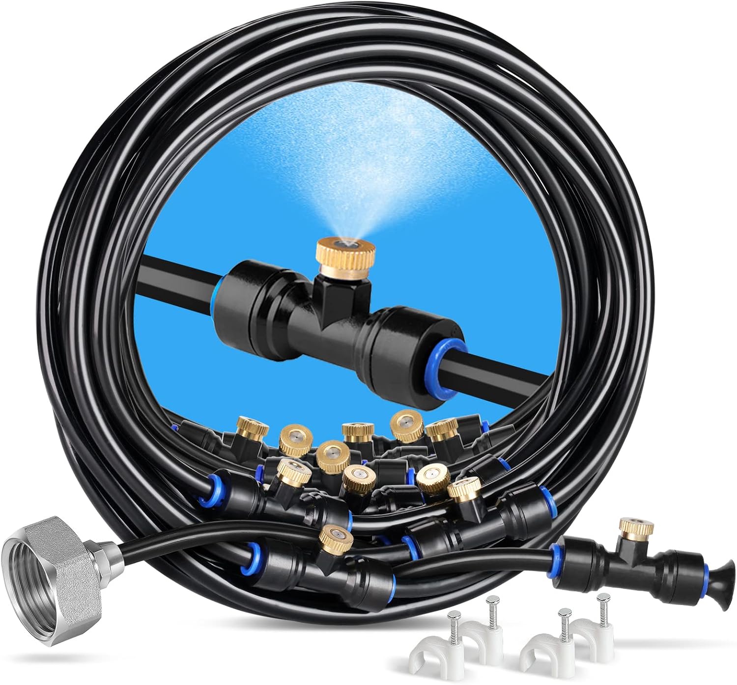 homenote Misting Cooling System 59FT (18M) Misting Line + 20 Brass Mist Nozzles + Brass Adapter(3/4") Outdoor Mister for Patio Backyard Garden Greenhouse Watering
