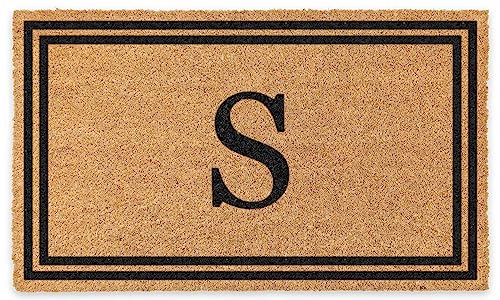 COCO MATS 'N MORE Personalized Door Mat with Monogram for Outdoor Indoor - Non-Slip Coco Coir Front Doormat with Vinyl Backing, Wedding, Housewarming, New Home (18" x 30", Black Double Bordered)