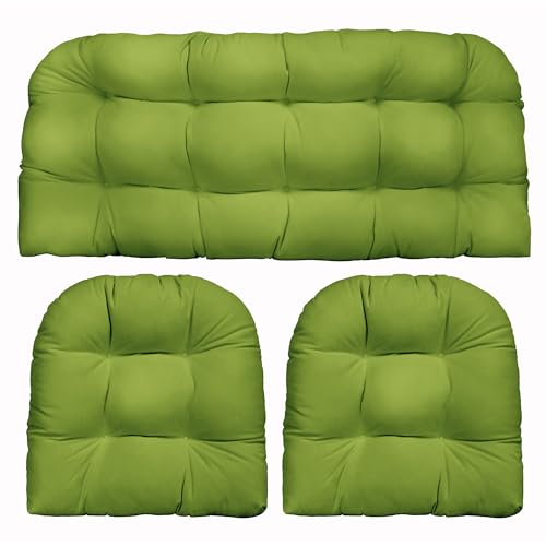 RSH DECOR: 3-Piece Wicker Tufted Cushion Set | 41 x 19" & 19" x 19" | All-Weather Spun Fabric | Water Resistant | Outdoor Loveseat & U-Shape Cushions for Patio Furniture | Kiwi Green