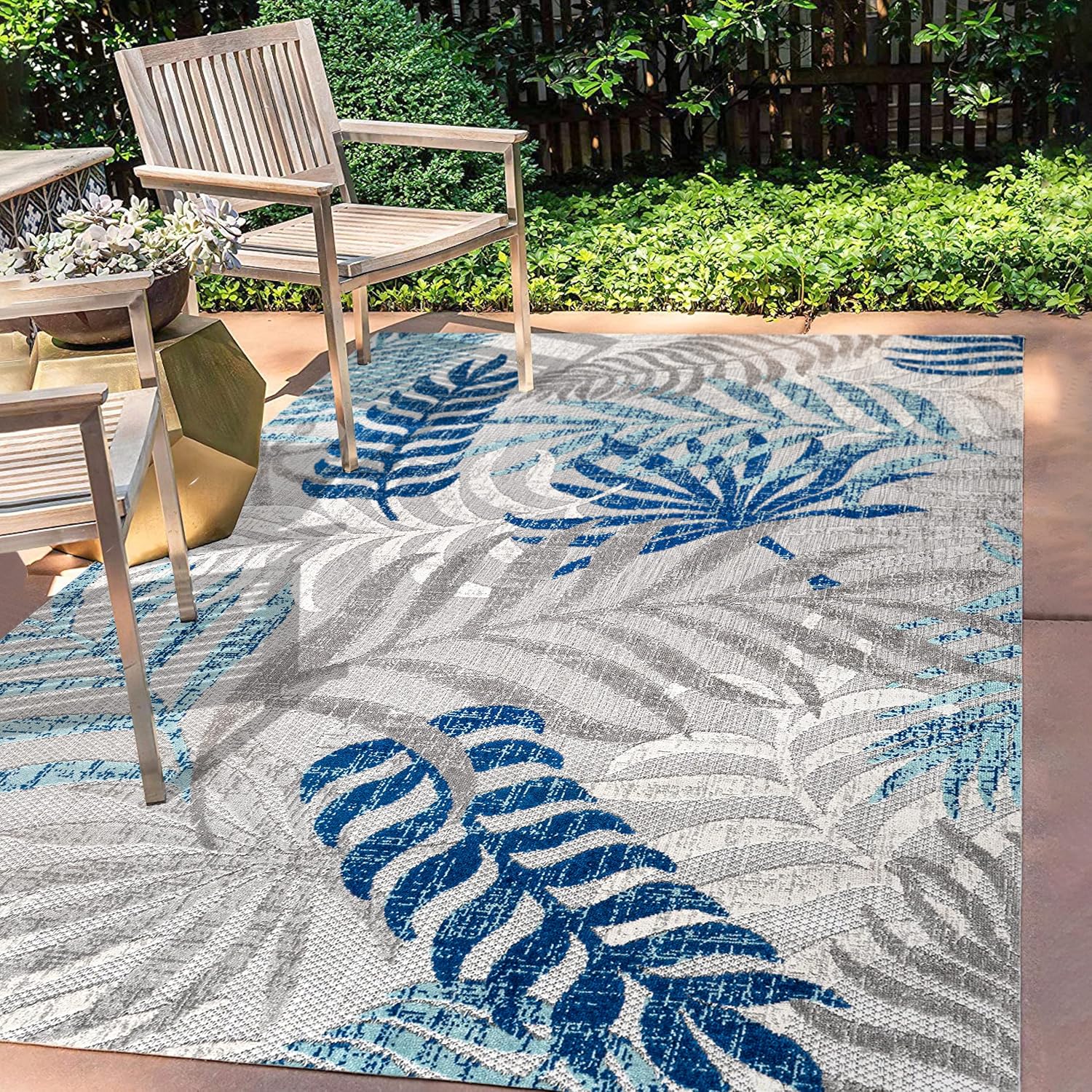 JONATHAN Y Tropics Palm Leaves Indoor Outdoor Area Rug 5X8 Gray/Blue, Boho for Backyard, Patio, Porch, Easy-Cleaning, High Traffic, Pet-Friendly, Non-Shedding (AMC100A-5)