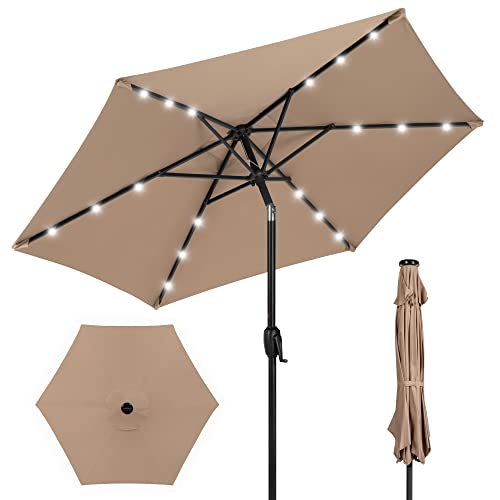 Best Choice Products 7.5ft Outdoor Solar Market Table Patio Umbrella for Deck, Pool w/Tilt, Crank, LED Lights - Tan