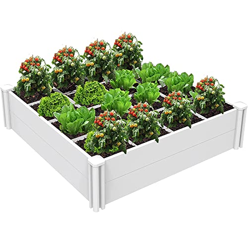 Raised Garden Bed Kit 4'x4' Outdoor Above Ground Planter Box for Growing Vegetables Flowers Herbs, DIY Gardening, Whelping Pen and More, Screwless White Vinyl Garden Bed with Grid