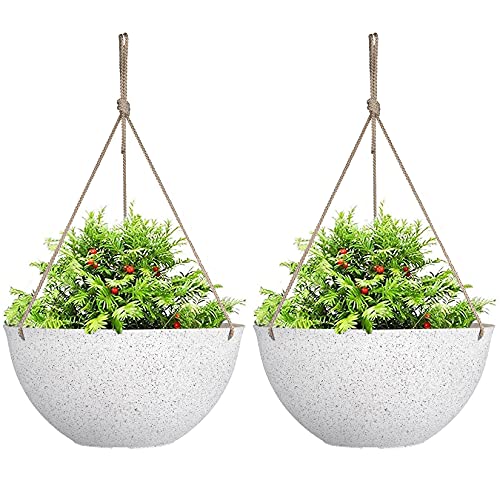 LA JOLIE MUSE Large Hanging Planters for Outdoor Plants - 13 Inch Hanging Flower Pots Set of 2, Speckled White