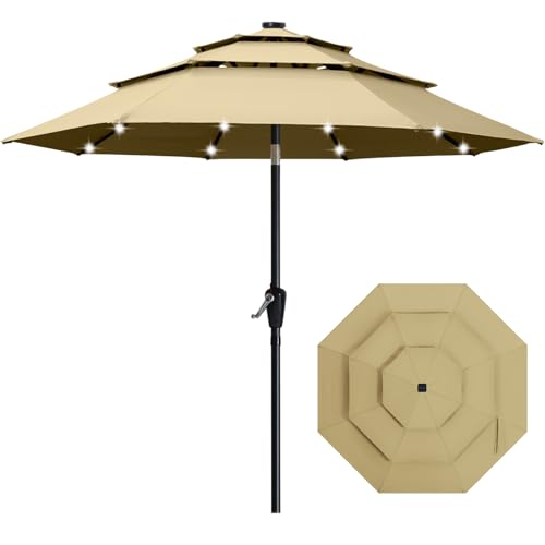 ABCCANOPY 3-Tiers 9FT Solar Patio Umbrella, Outdoor Umbrella with 32 LED Lights for for Deck, Pool, Garden, Backyard (Khaki)