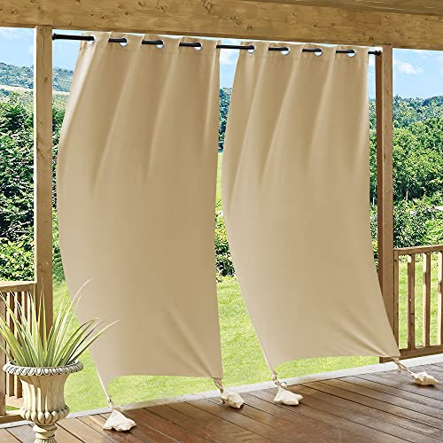 RYB HOME Windproof Outdoor Curtains - Weighted Bags Included Water Resist Outside Draperies Privacy Blackout for Patio, Outside Shower, Screen Porch, Pavilion, W 52 x L 108 inch, 2 Pcs, Beige