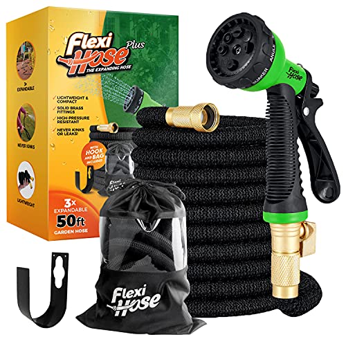 Flexi Hose with 8 Function Nozzle Expandable Garden Hose, Lightweight & No-Kink Flexible Garden Hose, 3/4 inch Solid Brass Fittings and Double Latex Core, 50 ft Black