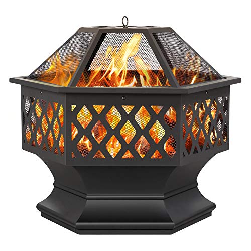 Yaheetech Fire Pit Fire Pits for Outside 24in Hex Shaped Firepit Bowl with Spark Screen & Poker for Patio Backyard Garden Picnic Bonfire Camping