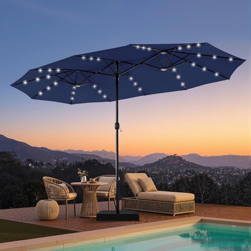 PHI VILLA 15ft Large Patio Umbrella with Solar Lights, Double-Sided Outdoor Market Rectangle Umbrellas with 36 LED Lights, Umbrella Base (Stand) Included, Navy Blue