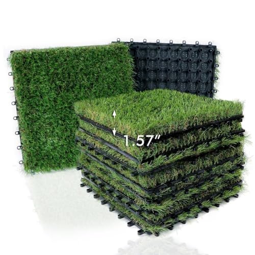 XLX TURF Outdoor Artificial Grass Tiles Interlocking Turf Squares 9 Pack, 12"x12" Fake Grass Mat for Balcony Patio Deck Flooring Decor, Pets Dog Pee Pad, Self-draining 8 Buckle System
