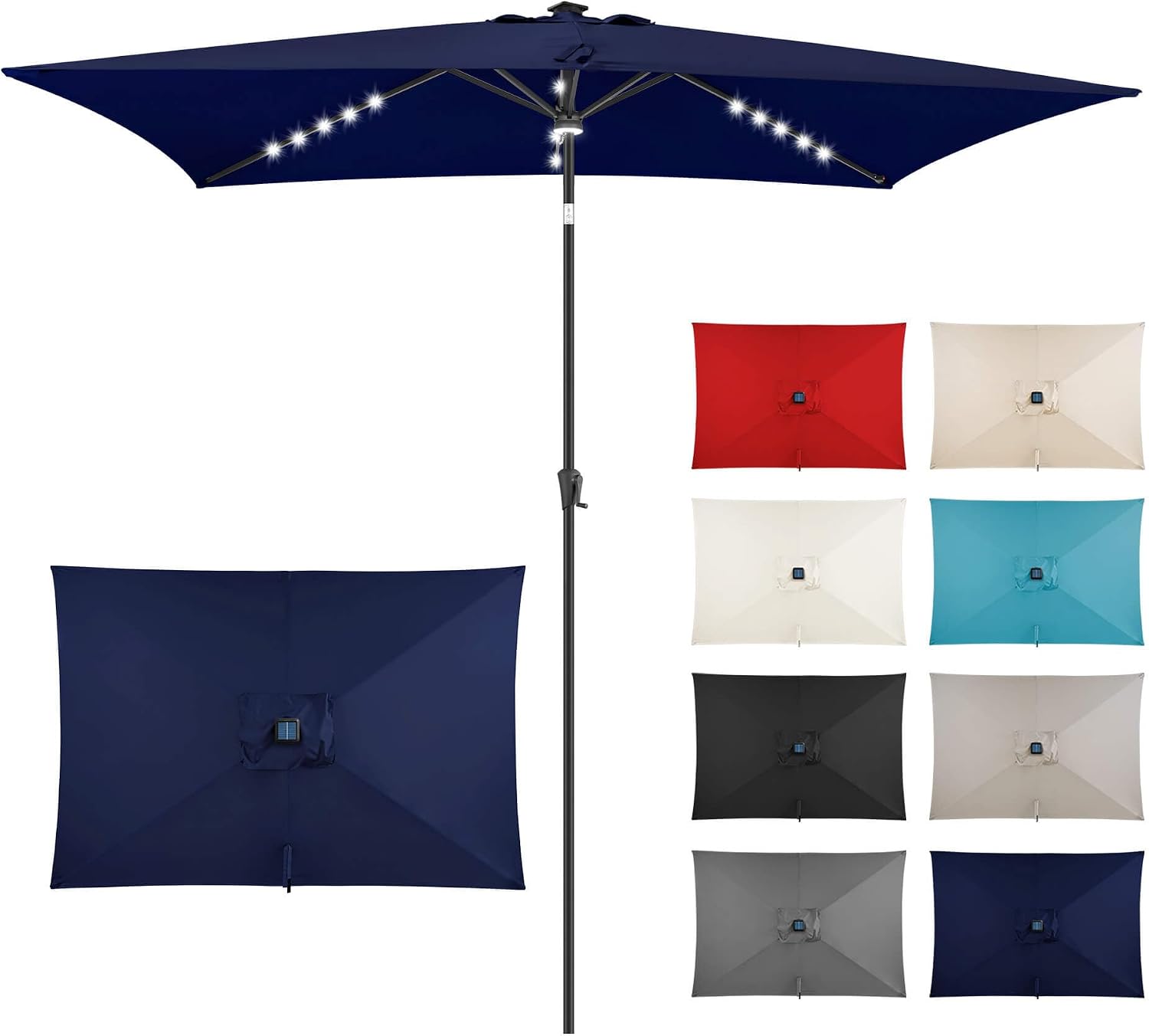 FLAME&SHADE 6.5 x 10 ft Rectangular Solar Powered Outdoor Market Patio Table Umbrella with LED Lights and Tilt, Navy Blue