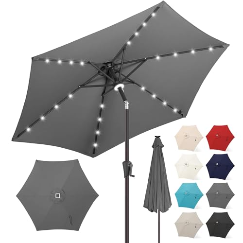 FLAME&SHADE 7.5 ft Solar Powered Outdoor Market Patio Table Umbrella with LED Lights and Tilt, Anthracite