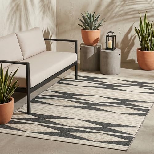 Fab Habitat Geometric Neutral Tribal Outdoor Rug - Waterproof, Fade Resistant, Crease-Free, Reversible - Premium Recycled Plastic - Patio Porch Balcony Deck - Cairo NaturalBlack - 8x10 ft