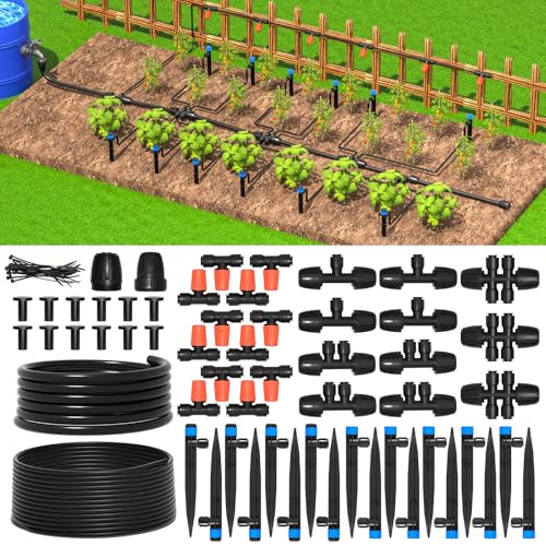 MIXC Greenhouse Micro Drip Irrigation Kit Automatic Irrigation System Patio Misting Plant Watering System with 1/4 inch 1/2 inch Irrigation Tubing Hose Adjustable Nozzle Emitters Barbed Fittings