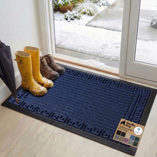 GORILLA GRIP 100% Waterproof All-Season WeatherMax Doormat, 47x35, US Designed Natural Rubber, Stain and Fade Resistant, Low Profile Indoor Outdoor Door Mats, Easy Clean Patio Mat, Navy Greek Keys
