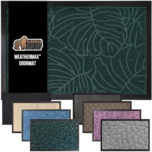 GORILLA GRIP 100% Waterproof All-Season WeatherMax Doormat, 72x24, US Designed Natural Rubber, Stain and Fade Resistant, Low Profile Indoor Outdoor Door Mats, Easy Clean Patio Mat, Green Palm