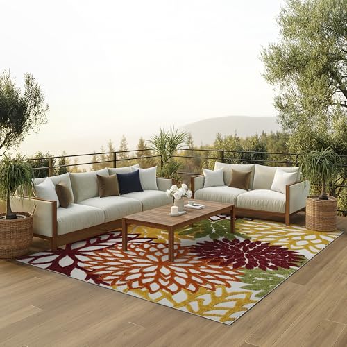 Nourison Aloha Indoor/Outdoor Red Multi Colored 6' x 9' Area Rug, Tropical, Botanical, Easy Cleaning, Non Shedding, Bed Room, Living Room, Dining Room, Deck, Backyard, Patio (6x9)