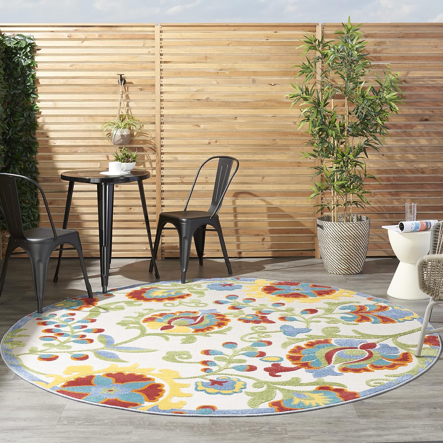 Nourison Aloha Indoor/Outdoor Ivory/Multi 710 x Round Area Rug, Easy Cleaning, Non Shedding, Bed Room, Living Room, Dining Room, Backyard, Deck, Patio (8 Round)