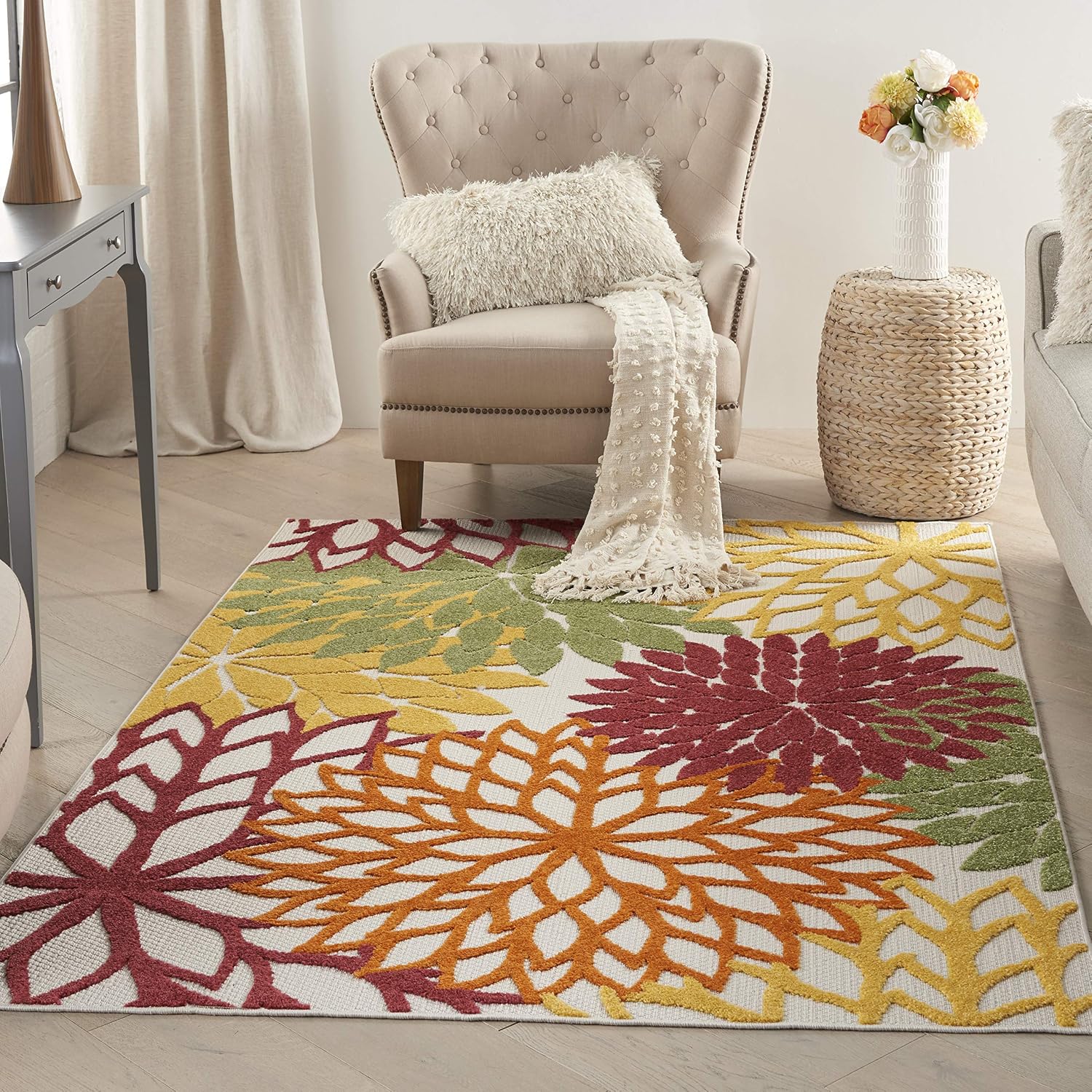 Nourison Aloha Indoor/Outdoor Red Multi Colored 3'6" x 5'6" Area Rug, Tropical, Botanical, Easy Cleaning, Non Shedding, Bed Room, Living Room, Dining Room, Deck, Backyard, Patio (3x5)