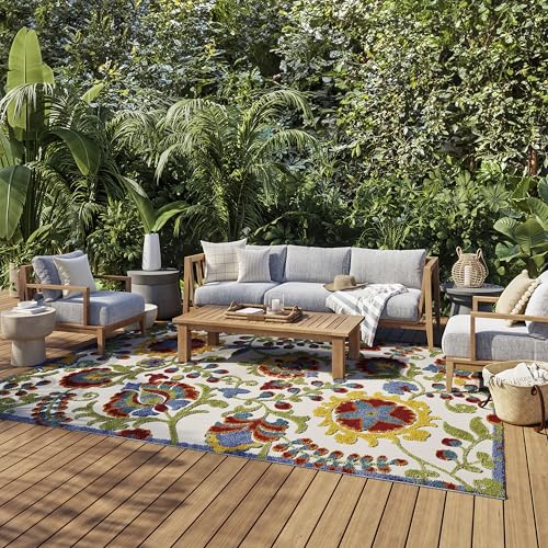 Nourison Aloha Indoor/Outdoor Ivory/Multi 12' x 15' Area Rug, Easy Cleaning, Non Shedding, Bed Room, Living Room, Dining Room, Backyard, Deck, Patio (12x15)