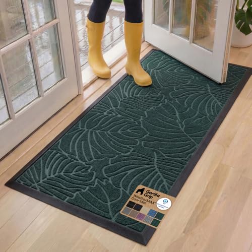 GORILLA GRIP 100% Waterproof All-Season WeatherMax Doormat, 60x24, US Designed Natural Rubber, Stain and Fade Resistant, Low Profile Indoor Outdoor Door Mats, Easy Clean Patio Mat, Green Palm