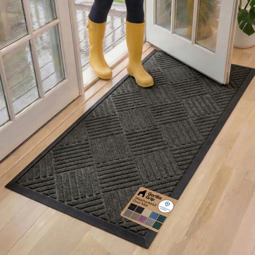 GORILLA GRIP 100% Waterproof All-Season WeatherMax Doormat, 60x24, US Designed Natural Rubber, Stain and Fade Resistant, Low Profile Indoor Outdoor Door Mats, Easy Clean Patio Mat, Gray Diamond