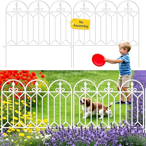 AMAGABELI GARDEN & HOME 5 Panels 24in(H)10ft(L) Decorative Garden Fences and Borders for Dogs No Dig Metal Fence Panel Garden Edging Border Fence for Animal Barrier Fencing for Flower Bed Yard White