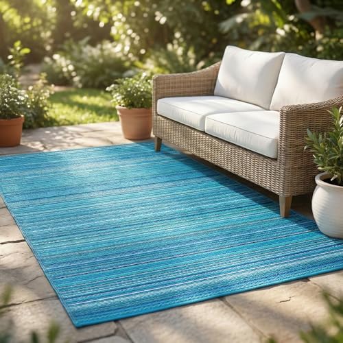 FH Home Outdoor Rug - Waterproof, Fade Resistant, Crease-Free - Premium Recycled Plastic - Striped - Patio, Deck, Porch, Balcony, Laundry Room - Havana - Turquoise Crease Free - 4 x 6 ft