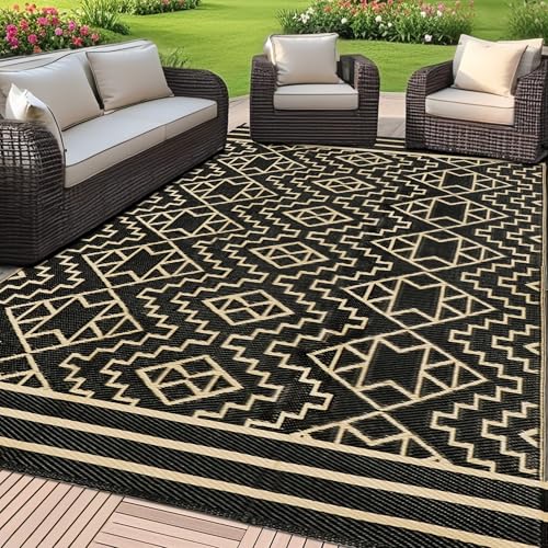 SAND MINE Reversible Mats, Plastic Straw Rug, Modern Area Rug, Large Floor Mat and Rug for Outdoors, RV, Patio, Backyard, Deck, Picnic, Beach, Trailer, Camping (9' x 18', Black & Beige)