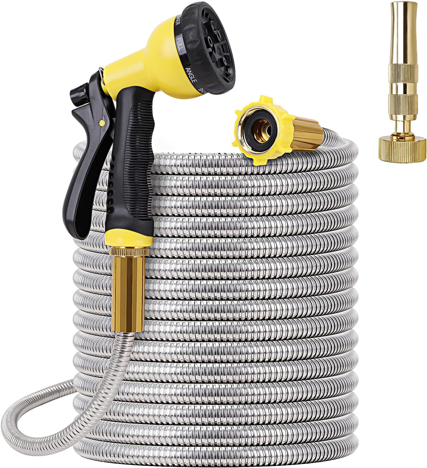 FOXEASE Metal Garden Hose 100FT - Stainless Steel Heavy Duty Water Hose with Solid Metal Nozzle & 8 Function Sprayer, Portable & Lightweight Kink Free Yard Hose, Outdoor Hose