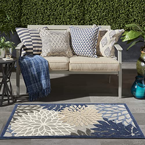 Nourison Aloha Indoor/Outdoor Blue/Multicolor 3' x 5' Area Rug, Tropical, Botanical, Easy Cleaning, Non Shedding, Bed Room, Living Room, Dining Room, Deck, Backyard, Patio (3x5)