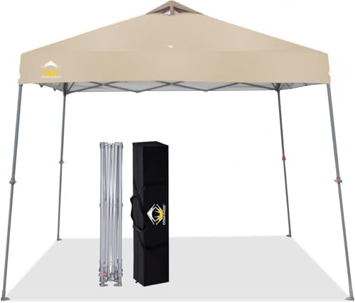 CROWN SHADES 9x9 Pop Up Canopy Tent Slanted Legs for Added Stability - Beach Tent Sun Shelter for Outdoor Shades - Canopy with 11x11 Base, with Carry Bag, Beige