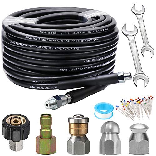 WEST BAY Sewer Jetter Kit 50 FT for Pressure Washer, 5800PSI Drain Cleaner Hose 1/4 Inch NPT, Corner, Rotating & Button Nose Sewer Jetting Nozzle with Spanner Watertight Tape Pearl Corsage Pin