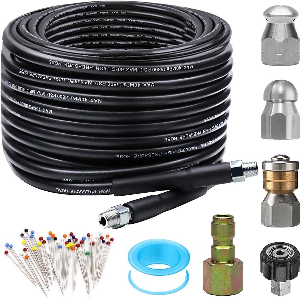 Sewer Jetter Kit for Pressure Washer 50FT, Newest 5800PSI Drain Cleaner Hose 1/4 Inch NPT Corner, Rotating and Button Nose Sewer Jetting Nozzle Pearl Corsage Pin Waterproof Tape