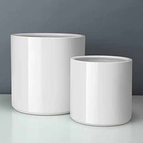 FOPAMTRI Plant Pot Set Matte White Ceramic Planter for Indoor Outdoor Plants Flowers Medium 8 inch Large 10 Inch Modern Cylinder Flower Pot with Drainage Hole and Plug,Full Glazed Finish