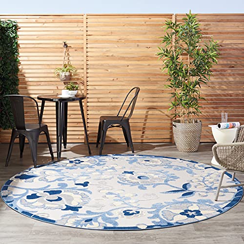 Nourison Home Aloha Indoor/Outdoor Blue/Grey 710 x Round Area Rug, Easy Cleaning, Non Shedding, Bed Room, Living Room, Dining Room, Backyard, Deck, Patio (8 Round)