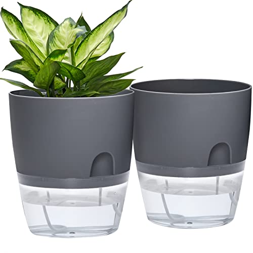 Self Watering Planter for Indoor Plants, 2 Pack 9.3 Inch Flower Pot Modern Decorative Plastic Planter with Extra Large Water Storage for All House Plants, Flowers, Herbs(Gray)