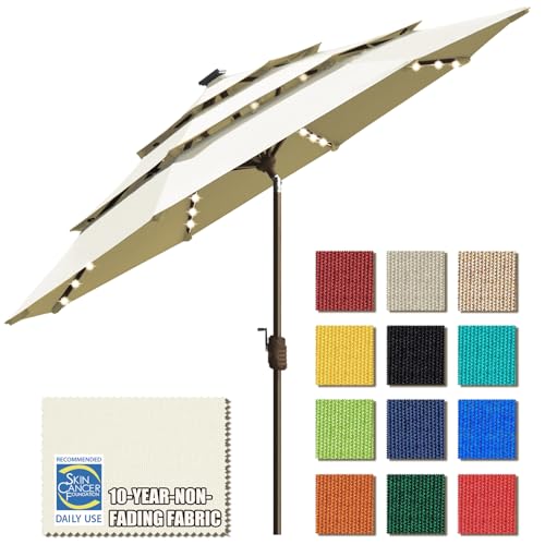 EliteShade USA 10-Year-Non-Fading Solar 9ft 3 Tiers Market Umbrella with 80 LED Lights Patio Umbrellas Outdoor Table with Ventilation,Natural