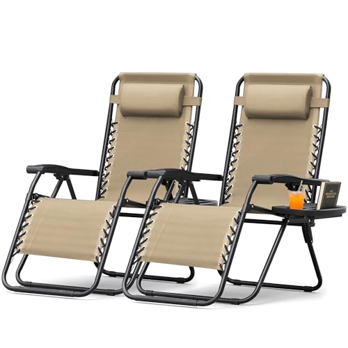 Homall Zero Gravity Chair Adjustable Folding Lawn Lounge Chairs Outdoor Lounge Gravity Chair Camp Reclining Lounge Chair with Pillows for Poolside Backyard and Beach Set of 2 (Cream-Coloured)