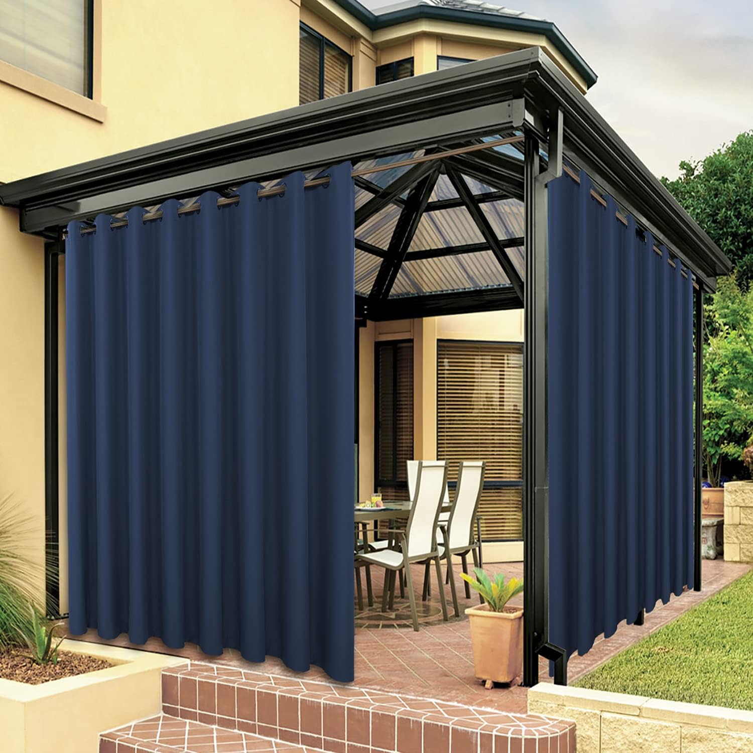 BONZER Waterproof Outdoor Curtains for Patio Porch Pergola Cabana Thick Privacy Wide Grommet Indoor Curtains for Bedroom Living Room, 1 Panel, 110W x 108L inch, Navy