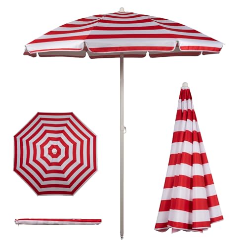 PICNIC TIME 5.5 Ft Portable Beach Umbrella, Lightweight UV Protection Sunshade with Tilt Pole & Carry Bag, Outdoor Canopy Umbrella for Beach, Sand, Pool, Patio, Camping, Travel, or Backyard Shade, (Red & White Cabana Stripe)